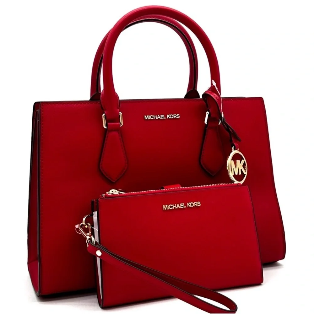Michael Kors Sheila Medium Center Zip Satchel Bag & Large Double Zip Wallet Red - Picture 1 of 16